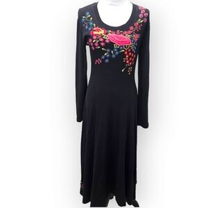 J Peterman Vintage Maxi Dress Womens Small Black Embroidered Floral Long